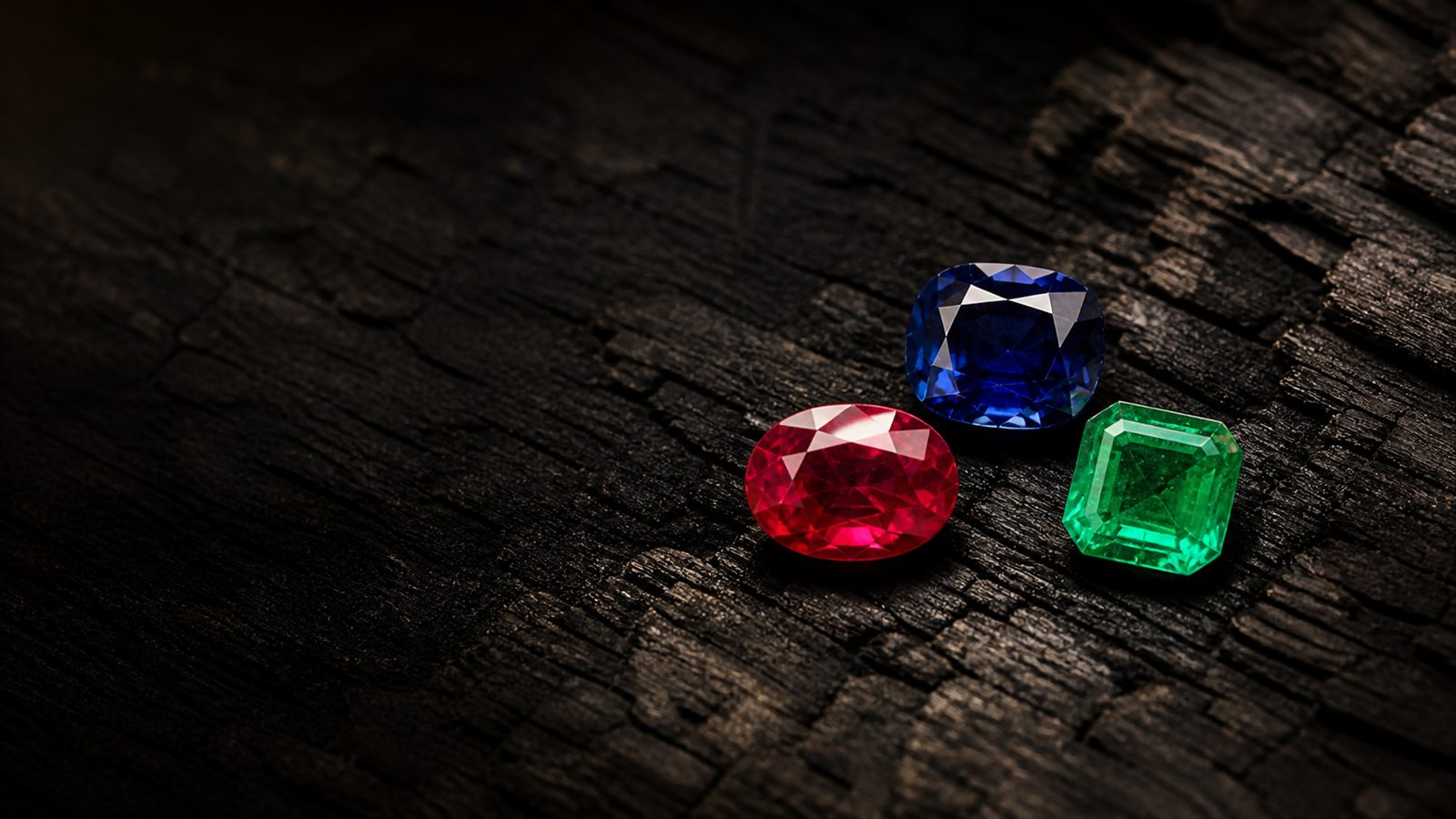A sapphire, ruby, and emerald on charred wood