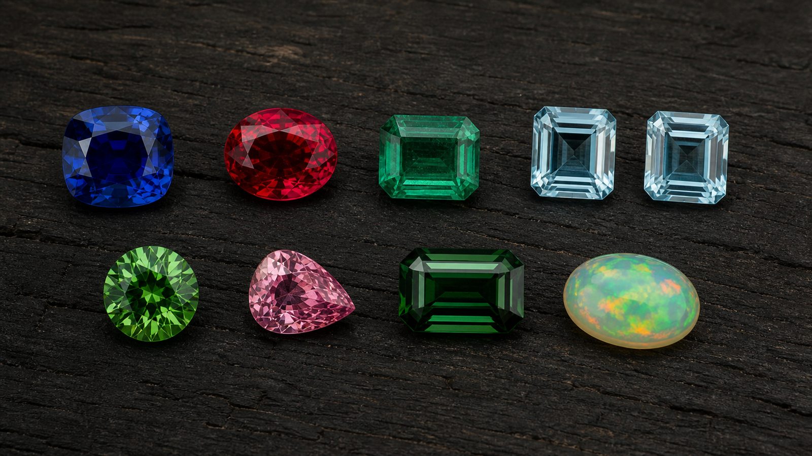 Loose sapphire, ruby, emerald, aquamarine, tsavorite, spinel, tourmaline, and opal on charred wood